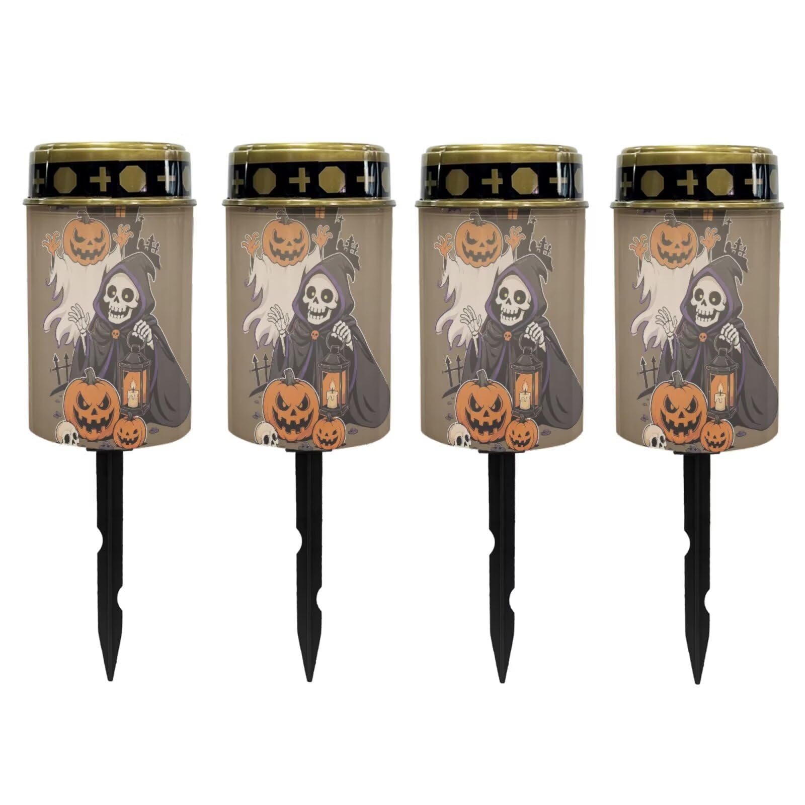 Poceacles Solar Lights Outdoor Grave Candle for Cemetery Decoration Solar Outdoor Lights for Garden Lawn Backyard Pathway Halloween Decor, Pumpkin Skull Brown, Pack of 4