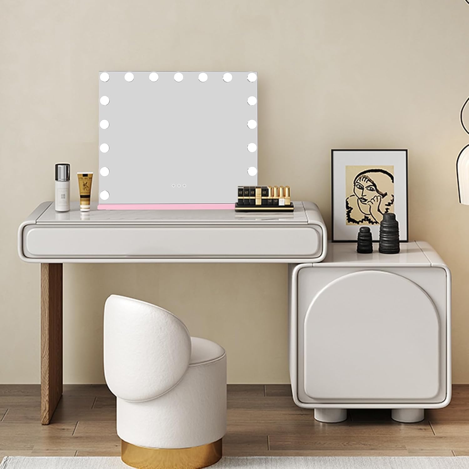HOMPEN Hollywood Vanity Mirror Makeup Mirror with Lights, Touch Screen, 3 Color Modes Frameless Tabletop Mirror with 17 Dimmable Bulbs, Pink