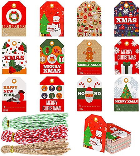 Set de 144 etiquetas de regalo de papel de estraza con 150 cuerdas, 12 patrones de dibujos animados para etiquetas de Navidad, decoración, manualidades, embalaje de regalo Cover