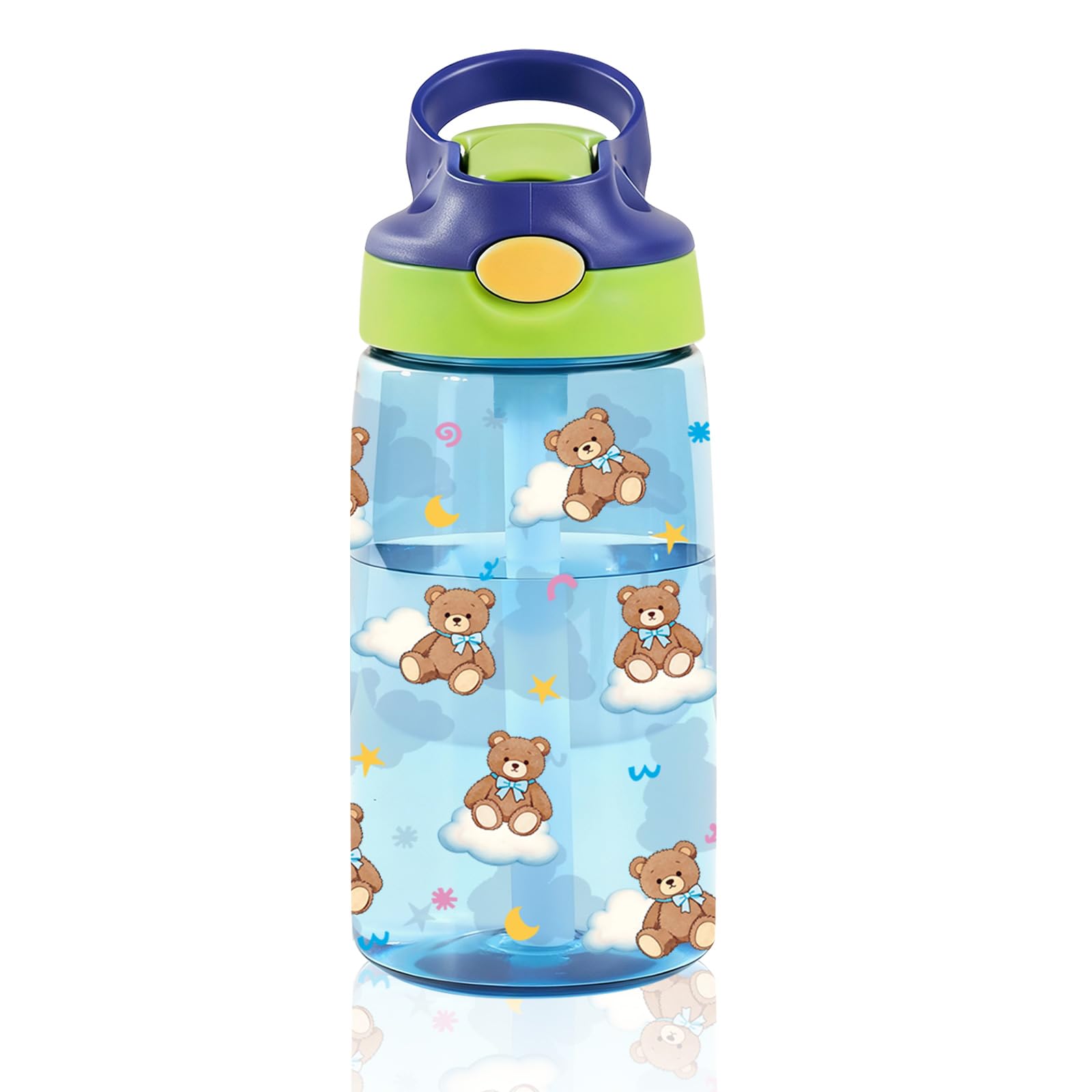 14oz Bear Kids Water Bottle with Straw - Bears Clouds Water Bottle For School, Leakproof, Lightweight, Durable Plastic Bottles for Kids Travel, Pop-Up Straw Cover, Gift Cup for Girls (Bear)