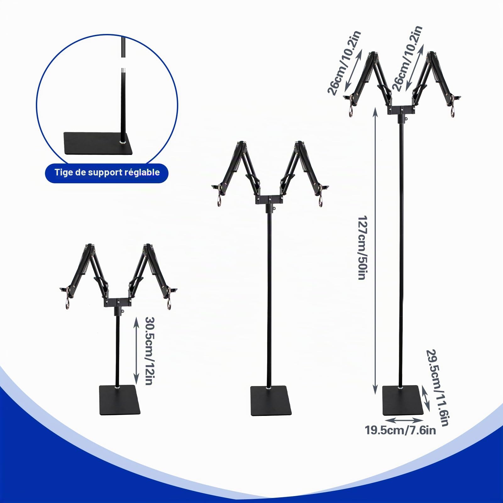 Support de Lampe Chauffante Dual pour Reptiles,Réglable Hauteur 39 à 175 cm,Bras Pivotant à 360° Support de Lampe pour Terrarium,pour Tortue Lézard Serpent