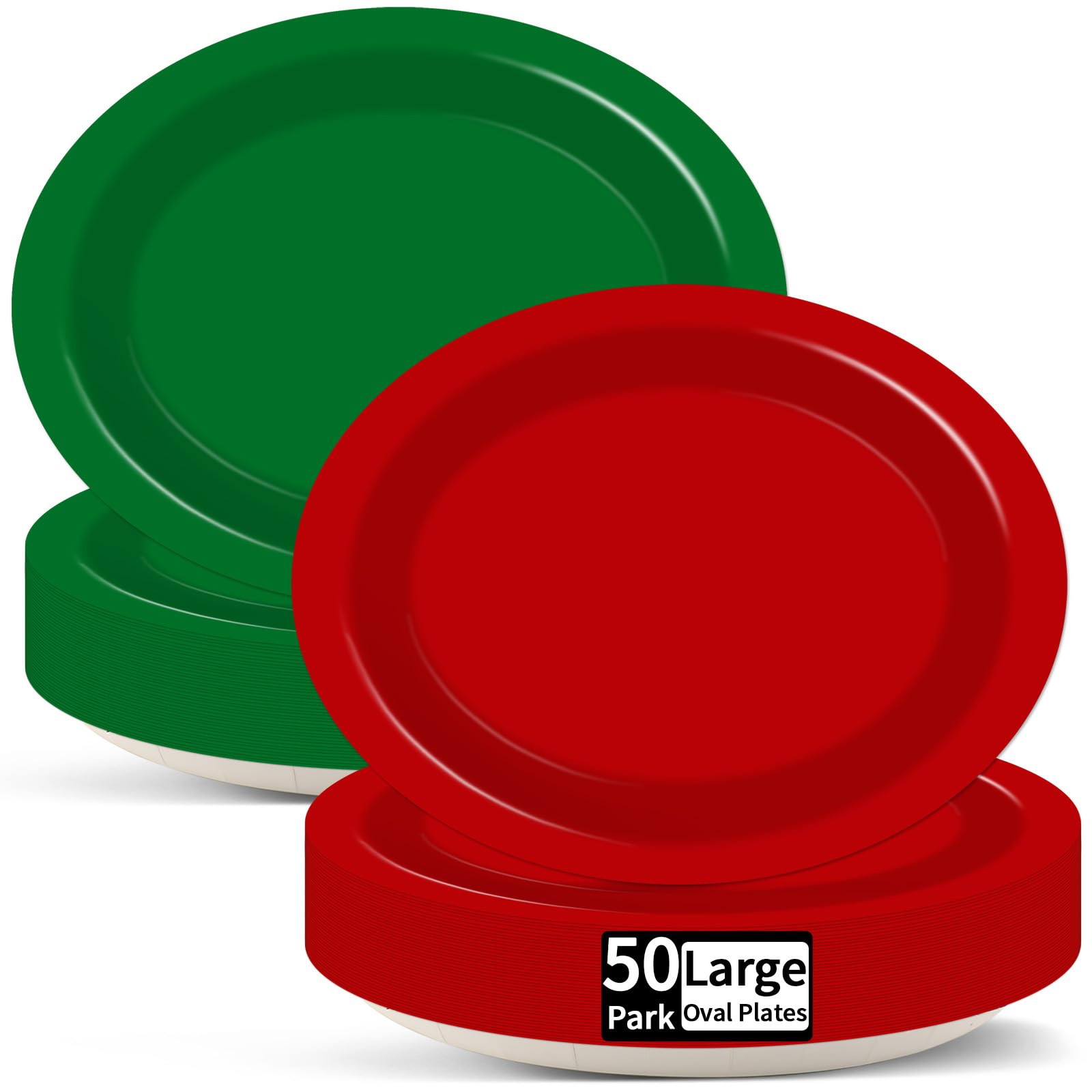 50 platos de papel ovalados de Navidad a granel, grandes, desechables, de 11 pulgadas, color rojo y verde, bandeja de platos resistente para Navidad, invierno, vacaciones, fiesta de cumpleaños,
