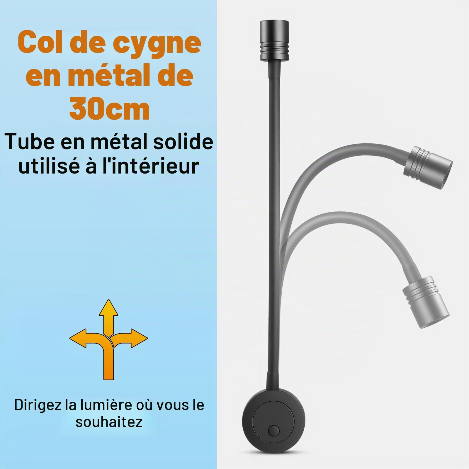 Lampe de Lecture 12V LED Spot Camping-Car Flexible Col de Cygne Luminosité Réglable Applique Murale 3200K pour Bateau Caravane Voiture Camion, avec Chargeur USB&Variateur Interrupteur(Noir)