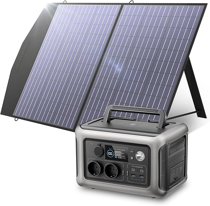 ALLPOWERS Generador solar R600, batería LiFePO4 de 299 WH, 2 x 600 W (pico 1200 W) Estación de energía portátil de salida de CA con panel solar de 100 W, jardín, viajes, camping, RV de emergencia