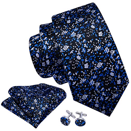Image of Barry.Wang Flower Ties for Men Handkerchief Cufflinks Set Wedding Necktie Set Party
