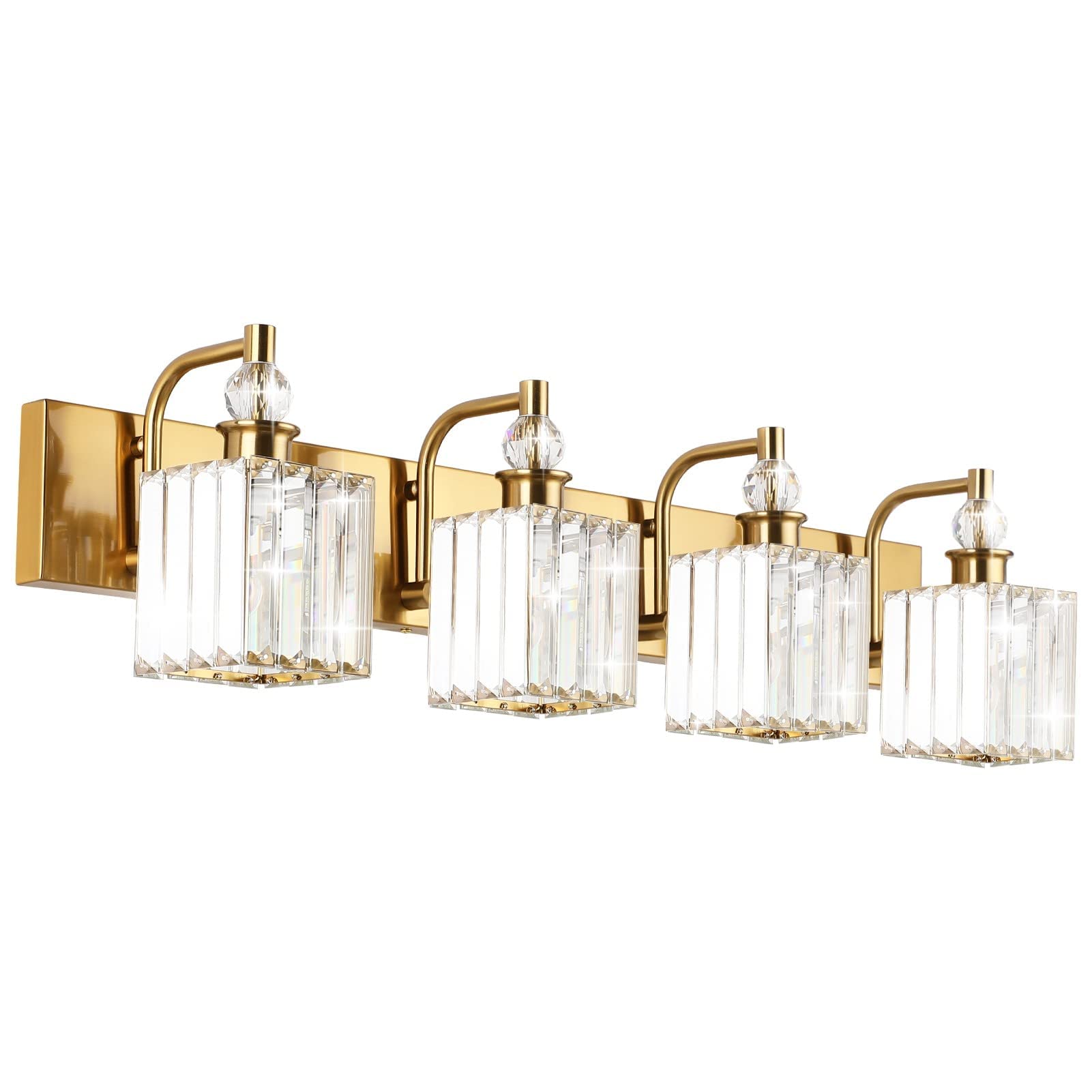 Ralbay Crystal Gold Vanity Lights 4-Lights 31.5''Gold Crystal Vanity Lights Over Mirror Modern Crystal Gold Bathroom Vanity Lighting Fixtures
