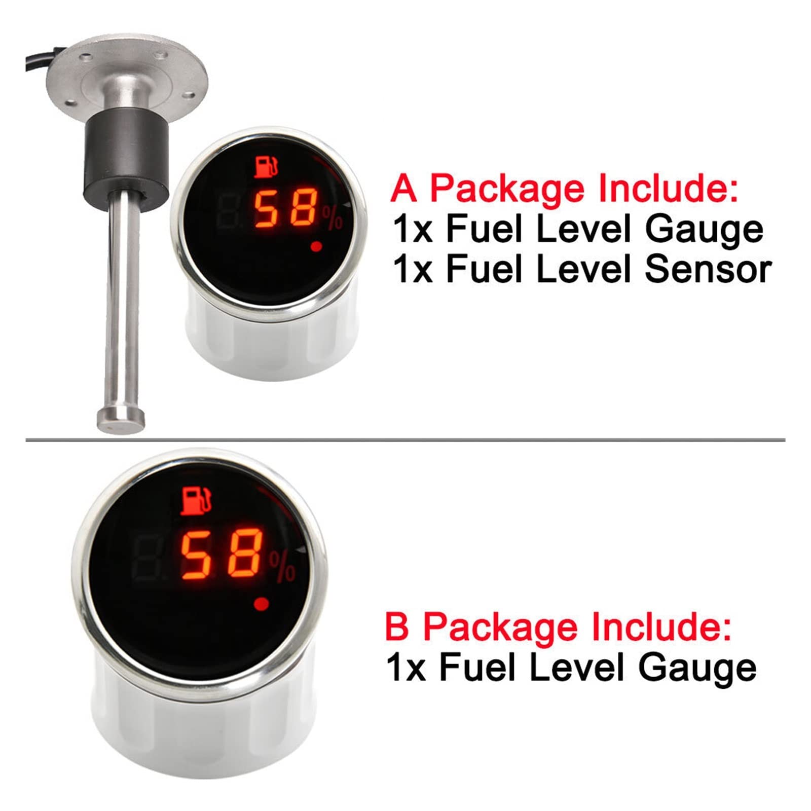 Indicador de nivel de agua, Medidor de nivel de tanque de combustible Digital for coche de barco marino de 52mm 0-190Ω medidor de nivel de combustible impermeable + Sensor para barco, coche, camión, c