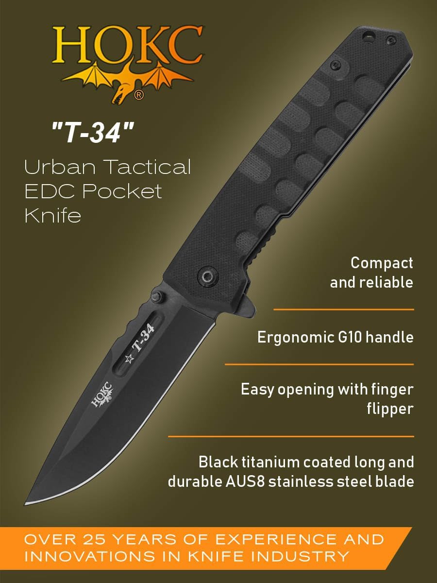HOKC T-34 | 323-480401 | Pocket Knife, EDC Knife by Official Dealer - Liner Lock, G10 Handle, Ball Bearing, Finger Flipper, Thumb Stud, Long and Durable AUS8 Stainless Steel, Black Titanium Coated - Ideal for Camping & Hunting