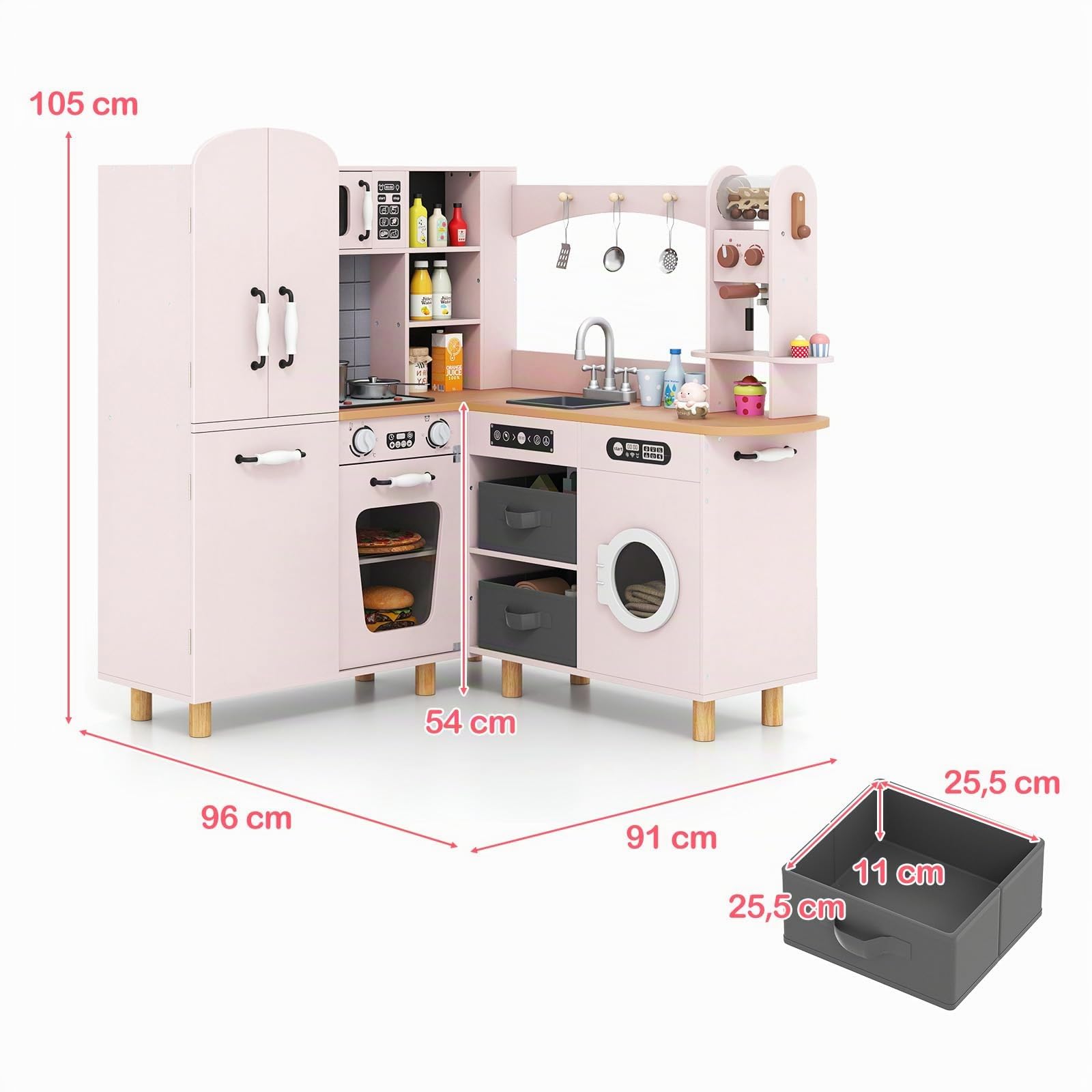 RELAX4LIFE Cucina Giocattolo per Bambini, Cucina ad Angolo in Legno, Effetti Suoni e Luci, Fornelli, Frigorifero, Macchina da Caffè, Lavatrice e Utensili, per Bambini 3+ Anni (Rosa)
