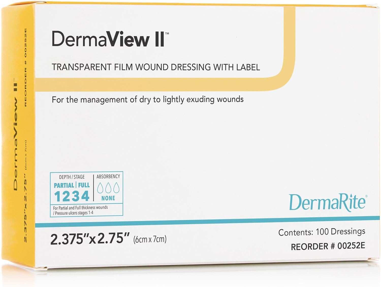 DermaRite's DermaView II, Transparent Film Dressing with Border - Frame Style Delivery, Sterile, Individually Wrapped, 2-3/7 in. x 2.75 in., 1 Count, 100 Packs, 100 Total