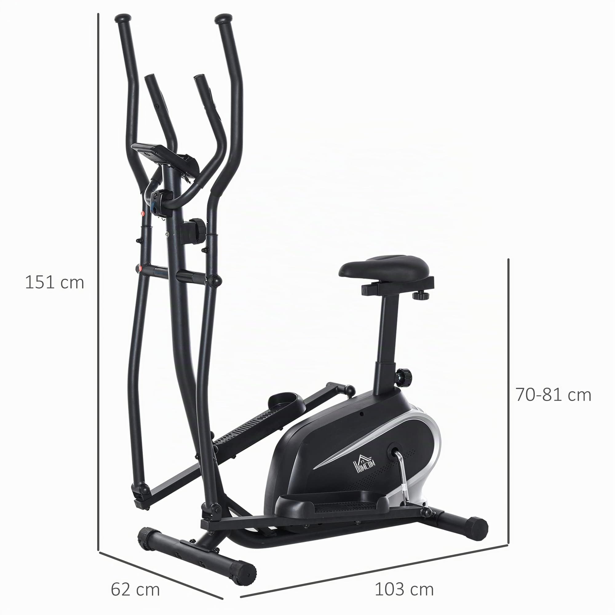 HOMCOM Ellittica da Casa Magnetica con Schermo LCD 103x62x151cm Nero | 8 Livelli di Resistenza, Sedile Regolabile