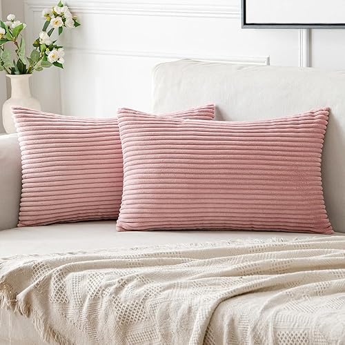 Woaboy Paquete de 2 fundas de almohada de pana de 12 x 20 pulgadas, súper suaves, bohemias, a rayas, color rosa rubor, decoración del hogar para