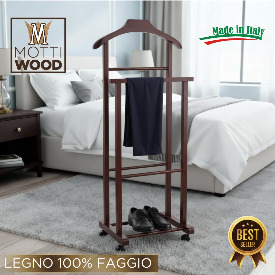 Perchero para dormitorio, madera de haya natural, nogal, doble silencioso, con 4 ruedas