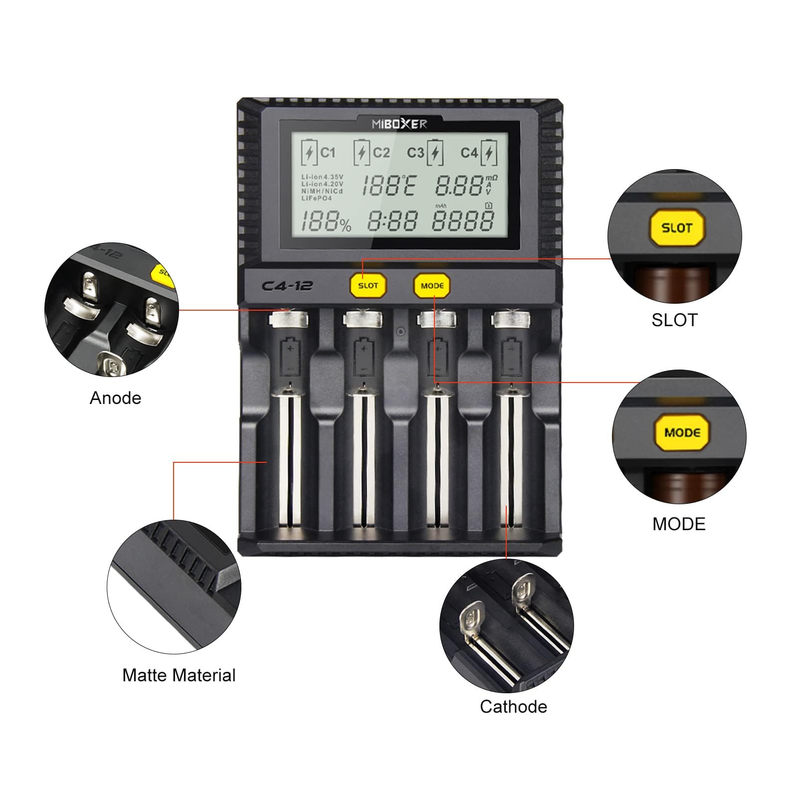 Ładowarka 18650 najszybsza, AUKSKY 3A 4 gniazda szybka ładowarka Wyświetlacz LCD Regulacja temperatury dla baterii AA AAA D 26650 18490 18350 18500 RCR123 Li-ion/IMR/INR/ICR/Ni-MH/Ni-MH/N. i-Cd