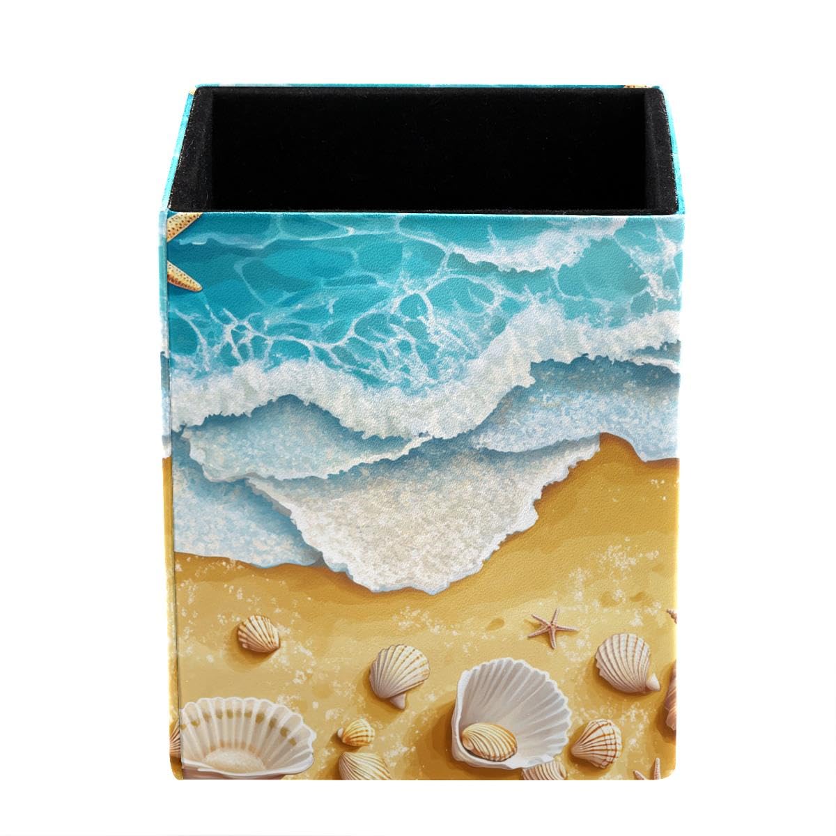 HEOEH Beach Starfish Shell Pen Holder Pen Pot, Square Pencil Cup for Desk