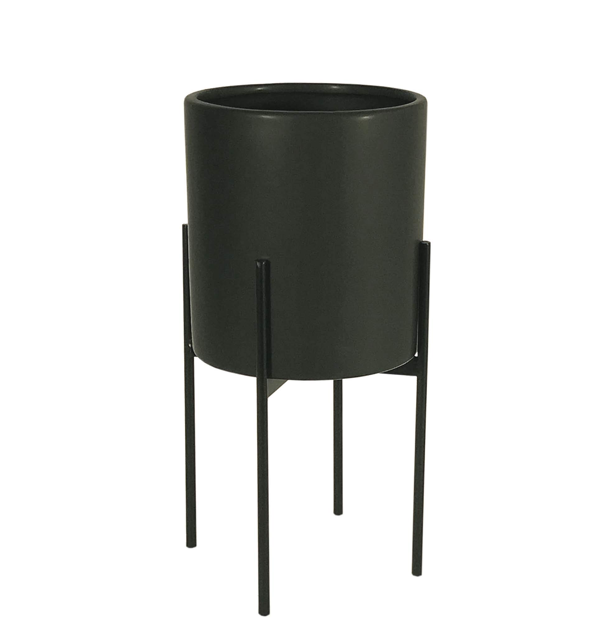 marymarygardens Black Ceramic Planter on Black Metal Stand - 6 Inch Diameter