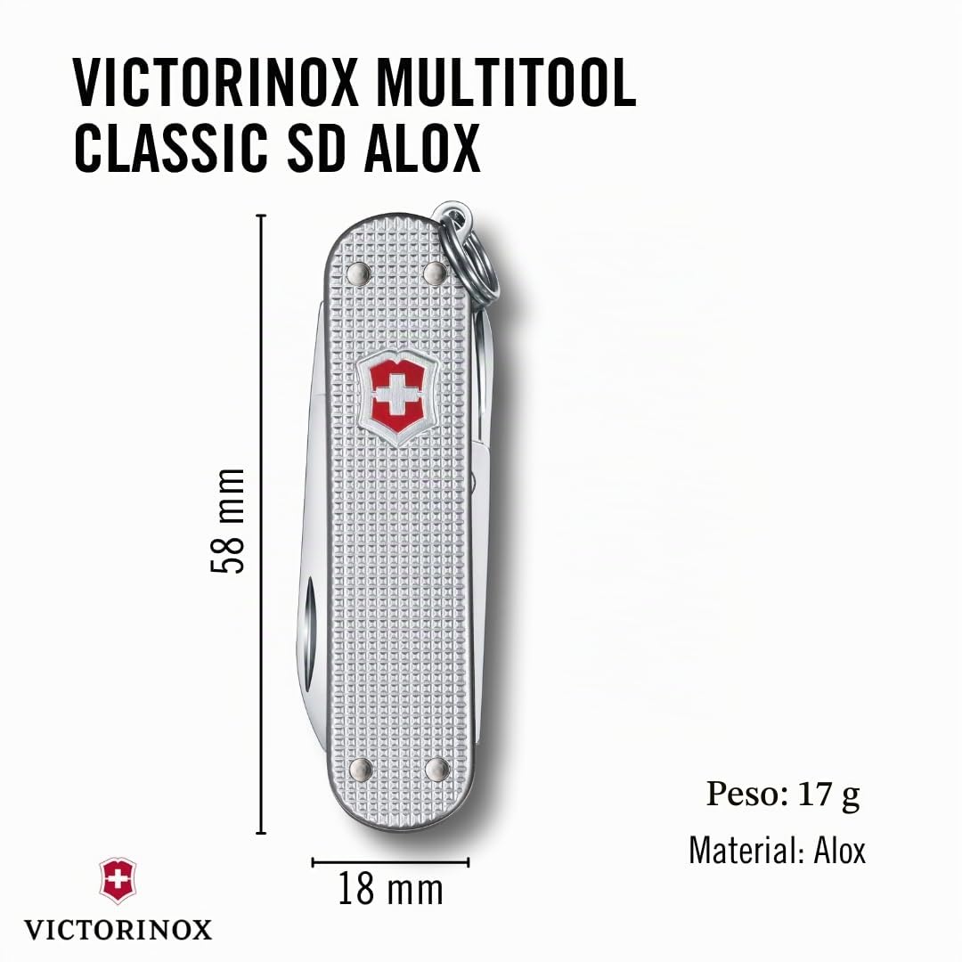 Victorinox Classic Alox, Navaja multiusos, 58 Alox, Diseño Acanalado color Plata, 93 mm