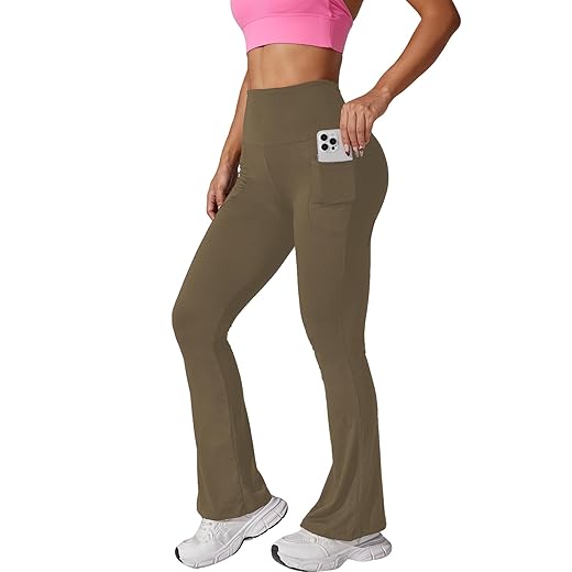 Calça feminina flare super macia com bolsos, leggings de cintura alta com controle de barriga para exercícios e ioga.