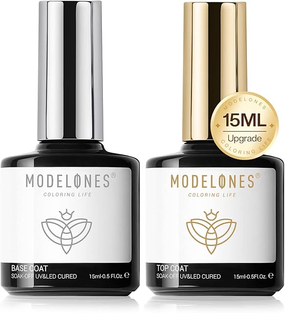 Modelones Gel Nail Polish Top and Base Set, 2x15ml No Wipe Gel Top Coat and Base Coat Gel Polish Kit, No Wipe LED Soak Off Nail Art Manicure Starter Kit Gloss Shiny Long Lasting for 28 Days