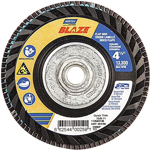 Norton 66254400259 4-1/2x5/8-11” Blaze R980P Ceramic Alumina Type 27 Quick Trim Flap Discs, 80 Grit, Coarse, 10 Pack