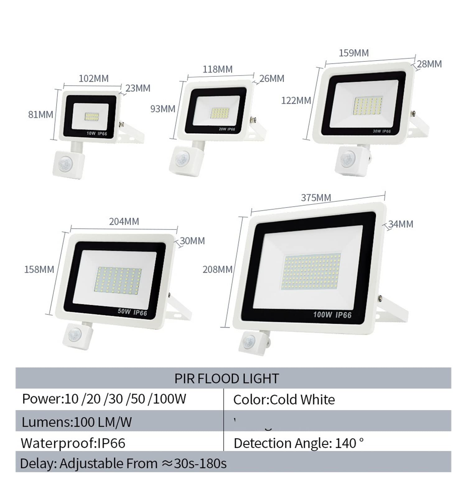 DIRIGIÓ Luz de inundación Pir Sensor de Movimiento 1 0W 20W 30W 50W 100W Reflector Blanco frío y cálido Impermeable IP66 Iluminación de inducción al Aire Libre(White,NO Motion Sensor_50W)