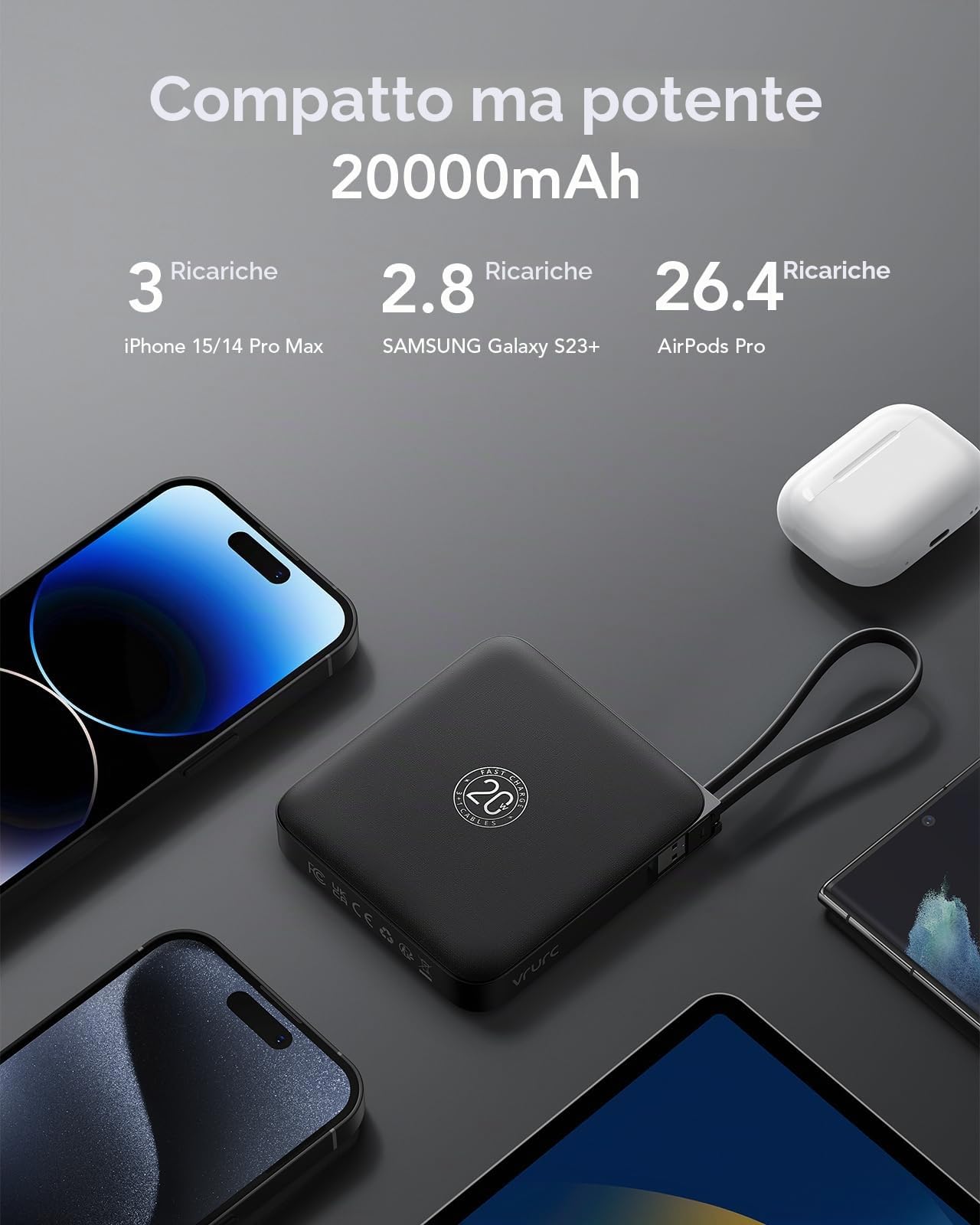 VRURC Batteria esterna 20000mAh con 4 Cavi Integrati Mini Power Bank USB C 22.5W Ricarica Rapida Batteria Portatile con Display LED per iPhone Huawei Xiaomi