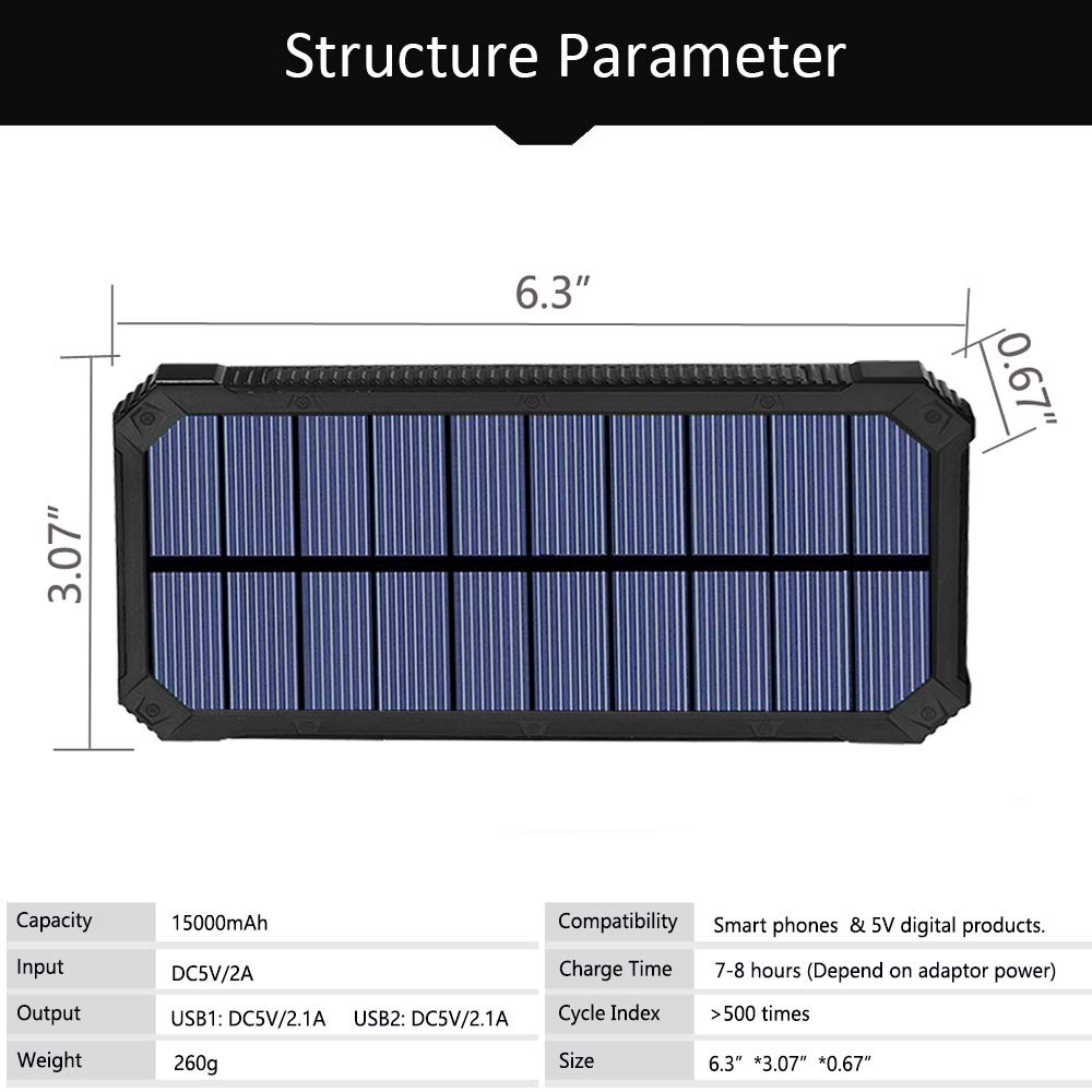 Caricabatterie solare, batteria solare portatile da 15000 mAh con due porte di uscita USB, caricabatterie solare esterno per cellulare, con torcia a LED, adatto per iPhone, iPad, Android, ecc.
