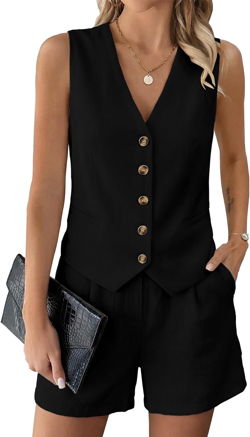 SimpleFun Womens 2 Piece Short Sets Button Down Vest Top and Shorts with Pockets Matching Summer Outfits