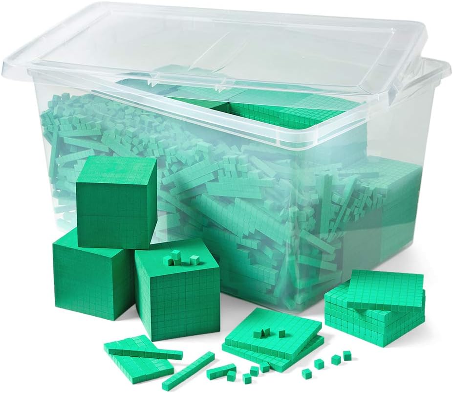 hand2mind Green Foam Base Ten Blocks Complete Set, Place Value Blocks, Counting Cubes for Kids Math, Base 10 Math Manipulatives for Kids, Kindergarten Homeschool Supplies (Set of 1610)
