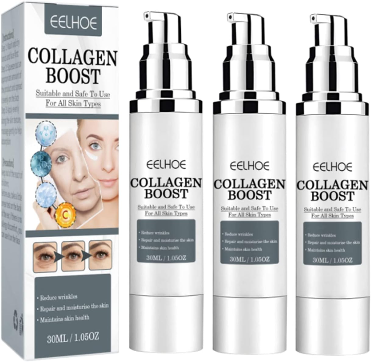 3Pcs EELHOE Collagen Boost Anti-Aging Serum, EELHOE Collagen Boost Serum, EELHOE Collagen Anti-Wrinkle Cream, Anti Aging Serum For Women, Collagen Booster for Face with Hyaluronic Acid(90ml)