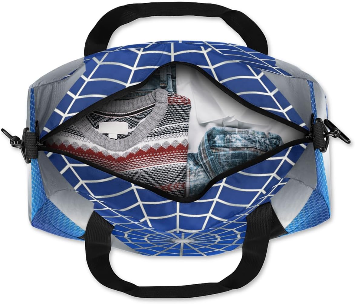 Gym Travel Duffle Bag for Boys - Kids Overnighter Weekend Bag with Front Zipper Pocket for School Practice, Blue Spider Web Teens Carry-On Size Sleepover Bags - Image 5