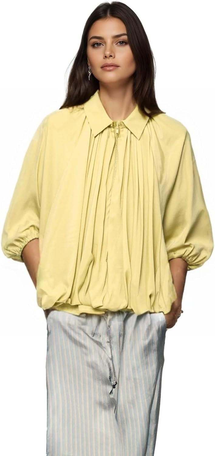 Women's Casual Bomber Jacket Oversized Long Sleeves Outwear with Front Zip Batwing Lapel Collar OutCoat Shirts