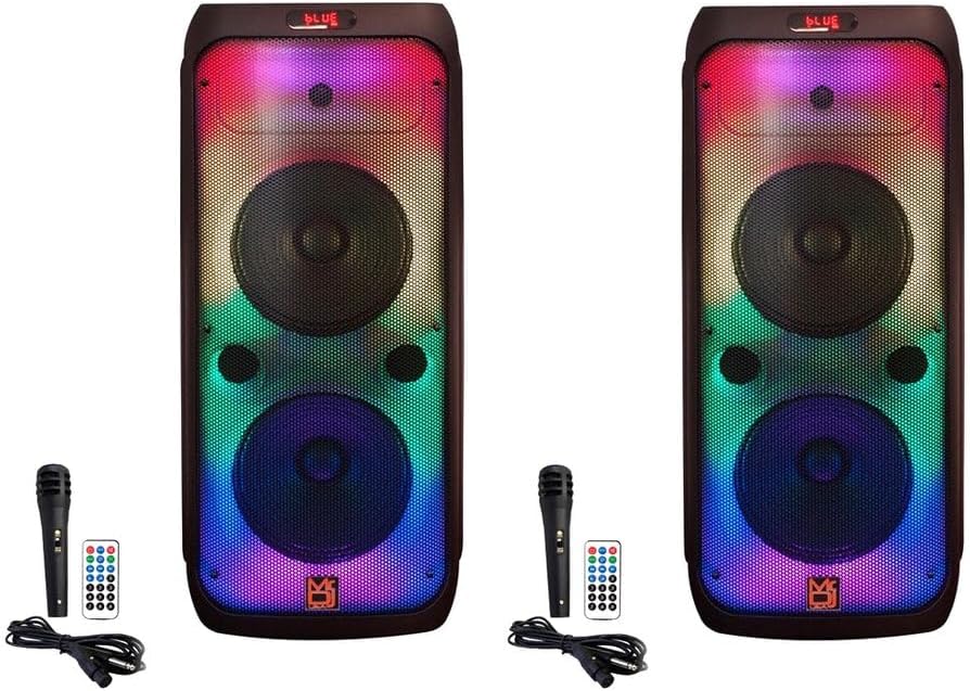Mr. Dj USA - 2 Piece Set FLAME3200 8" X 2 Rechargeable Portable Bluetooth Karaoke Speaker with Party Flame Lights Microphone TWS USB FM Radio