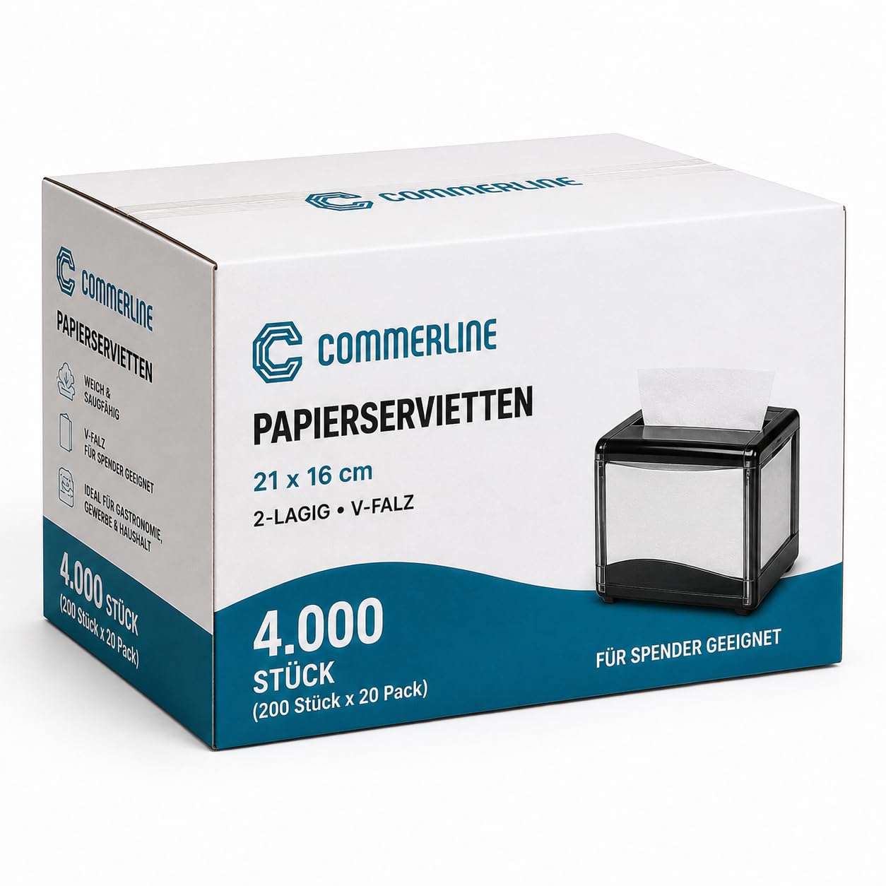 Commerline Tovaglioli di Carta – 4000 Pezzi, 21x16 cm, 2 Strati, Morbidi e Assorbenti, Monouso con Piegatura a V, Ideali per Distributori di Tovaglioli, Ristoranti, Gastronomia e Uso Domestico, Bianco