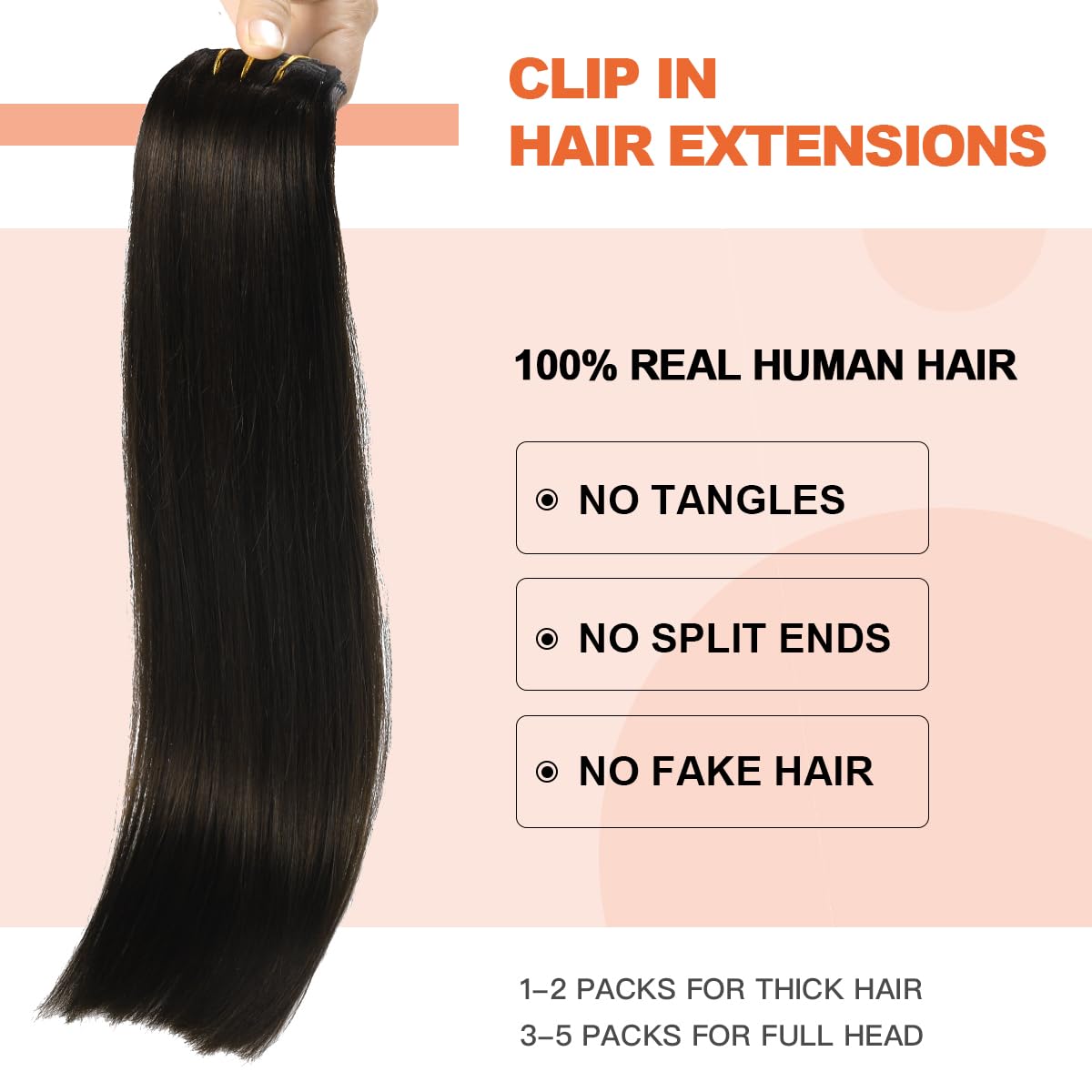 XDhair Clip in Hair Extensions Human Hair Natural Black Clip in Extensions 18Inch 6pcs 120g Natural Black Straight Hair Extensions for Women#1B 18inch - Image 3