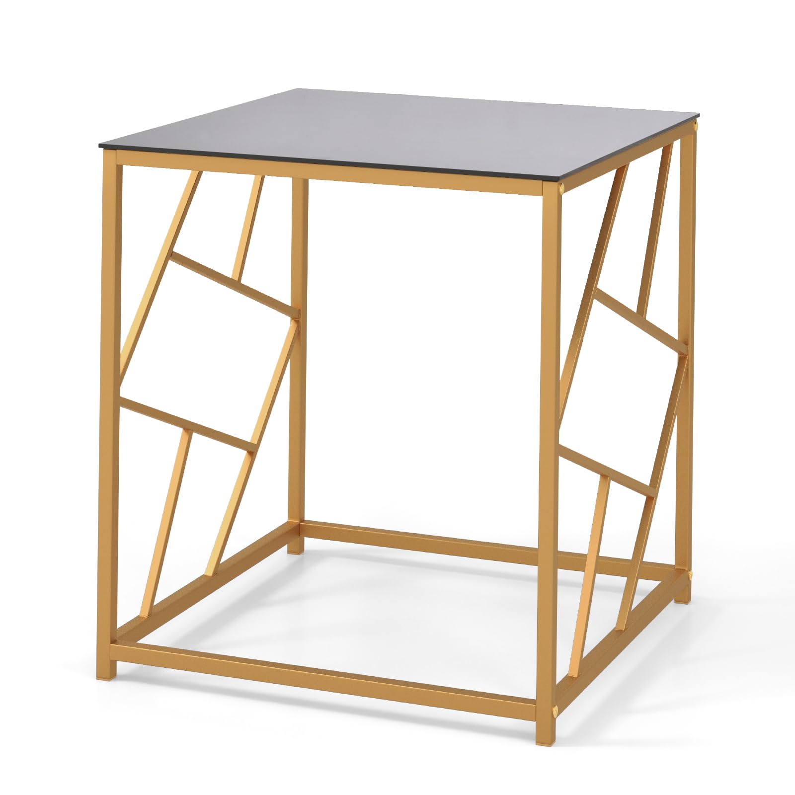 GIANTEX Mesa Lateral con Tablero de Cristal Templado & Estructura Calada de Metal Resistente, Mesa de Ocio Moderna como Decoración para Sala de Estar, Estudio, Dorado y Negro