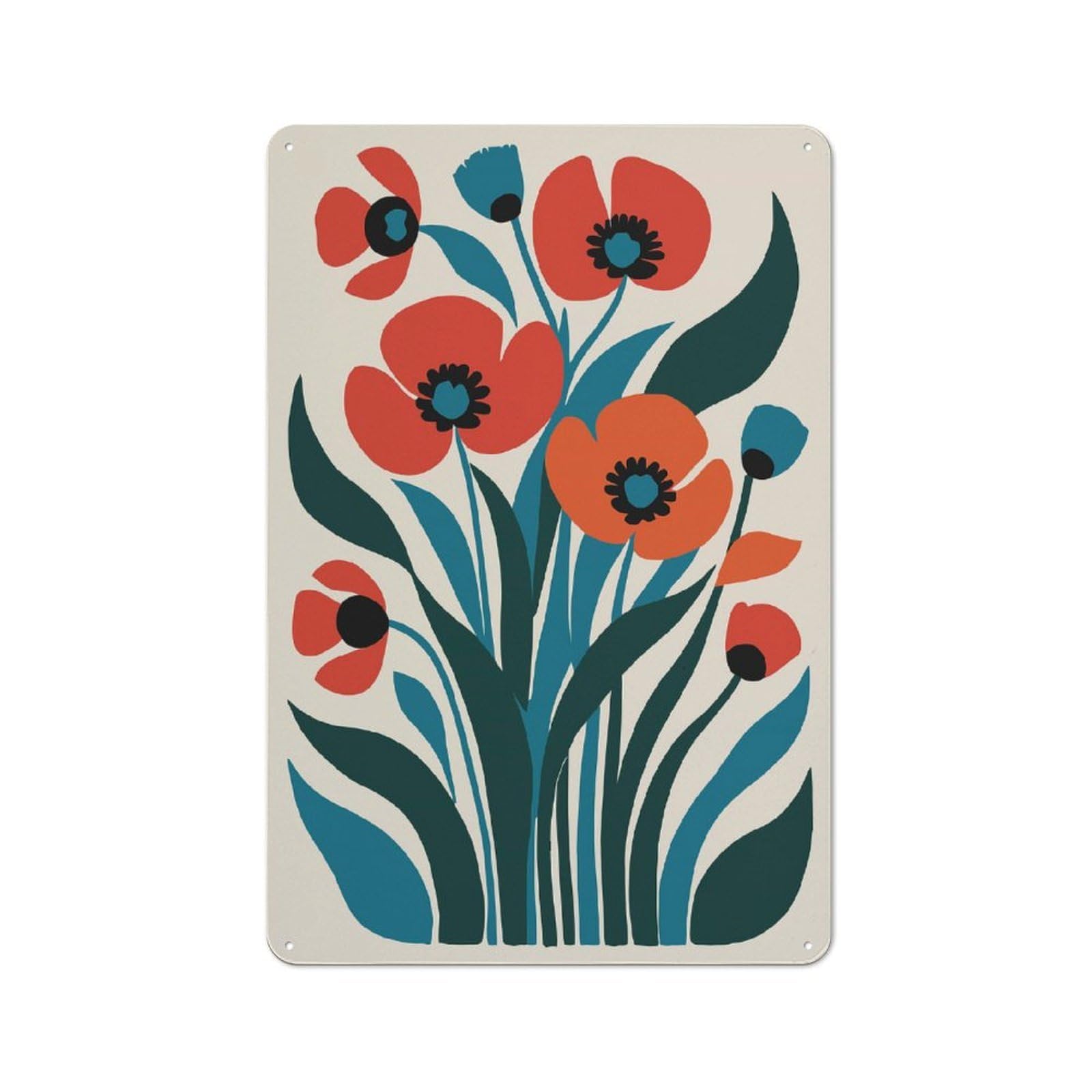 Junmoney Style-5-1 Tin Wall Plaque 30X20cm With Red Poppy Bouquet For Café Or Home Bar, New-Space Wall Decor For Hospitality Decor Collectors
