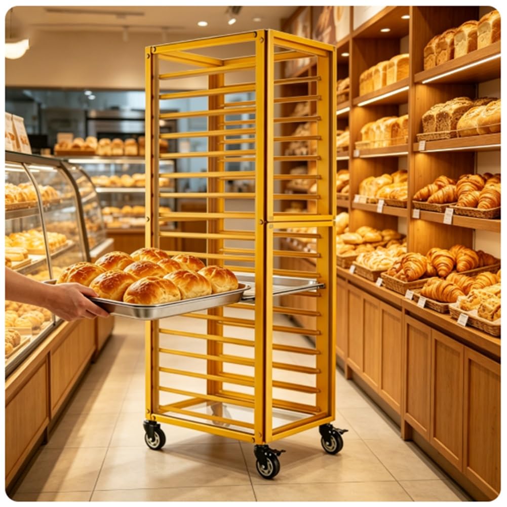 GRRICEPL Carrello Portateglie in Alluminio A 18 Livelli con Ruote, Attrezzatura per La Panificazione | Carrello Professionale Per Il Trasporto Di Teglie Da Pane, Scaffale Per Il Raffreddamento Post-cottura(Gold/B)