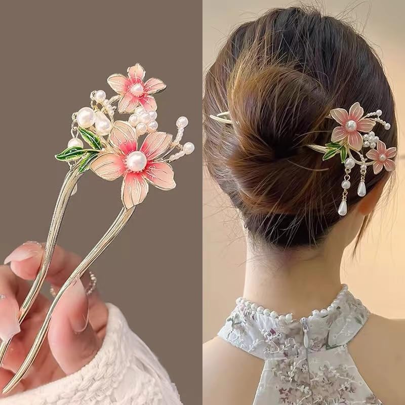 Floral Hair Stick with Pearl Accents, Pink Flowers with Green Leaves,Traditional Hair Accessory-image-13