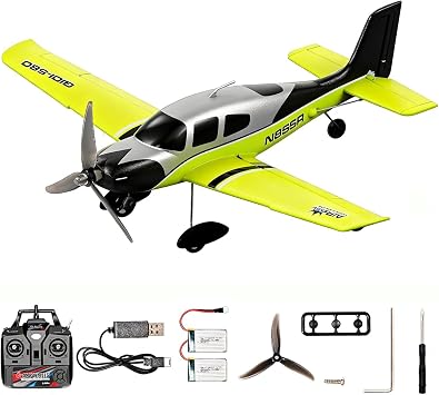 RC Airplane, 5CH EPP Foam Remote Control Plane with Brushless Motor, LED Lights, Timer Alert, 2.4G Self Balance  RC Aircraft Easy to Fly for Beginners Adults Green 2 Batteries