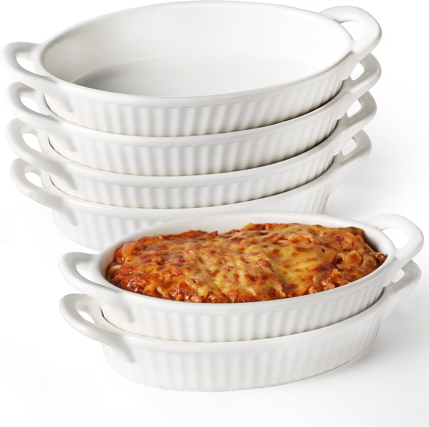 Frewinky Baking Dishes,9-inch Ceramic Baking Dish Set with Handles Heat Resistant,Mini Casserole-Dishes for Oven, Porcelain Oval Baking Dishes for Gratin,Casserole and Roasting,Set of 6,White