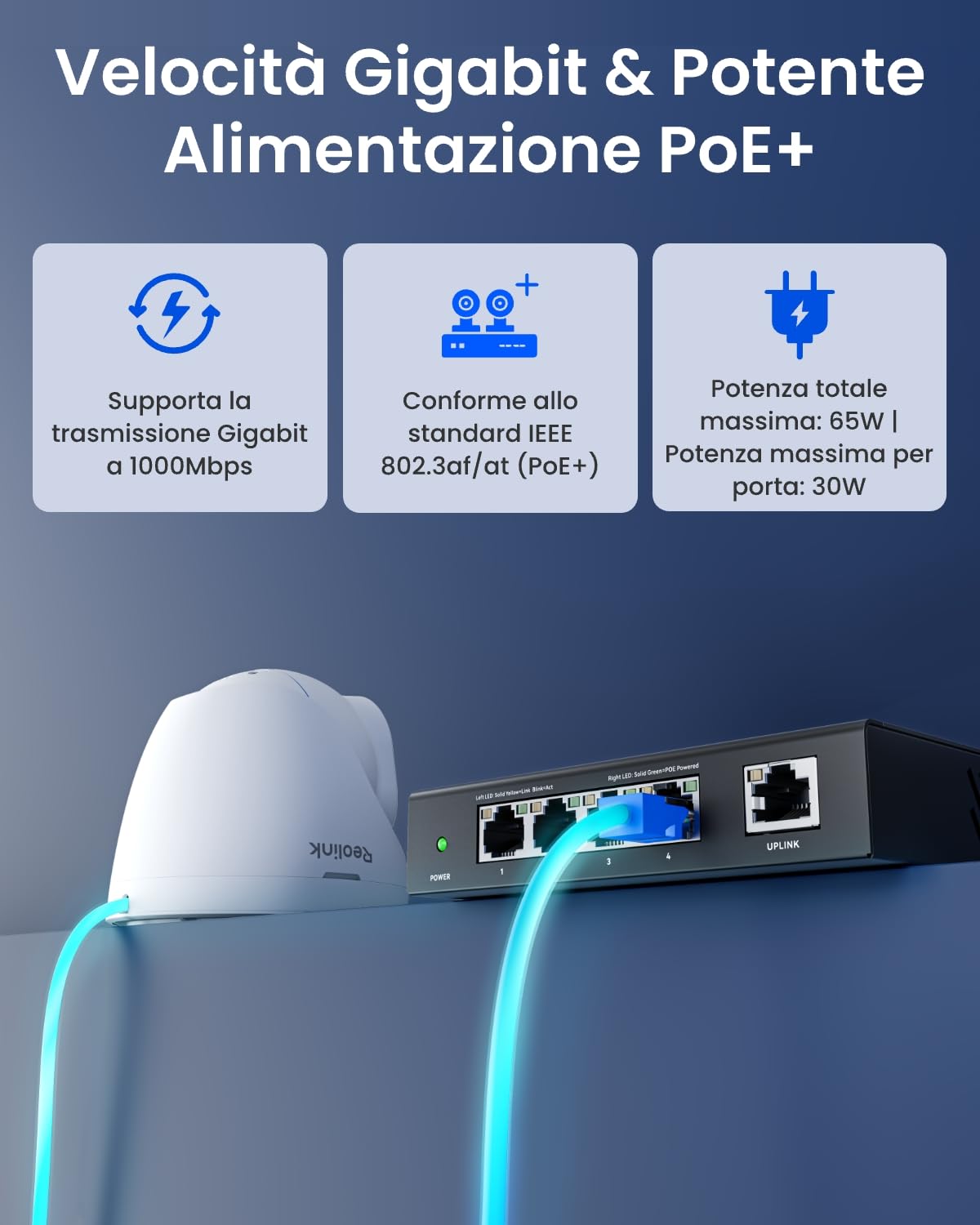 Reolink Switch PoE a 4 Porte PoE e 1 Porta Gigabit, Fino a 30W per Porta, Adattatore da 65W Incluso, Riavvio Automatico, Modalità Estensione, Distribuzione Potenza, Standard IEEE 802.3af/at, RLA-PS1E