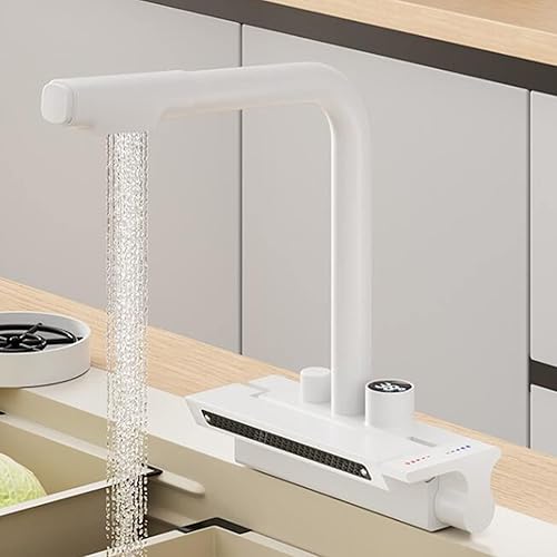 Miniatura 1 de Kitchen Faucet with Pull Down Sprayer Brass Waterfall Mode Single Hole Swivel Hot and Cold Water Kitchen Sink Tap-Grey(White)