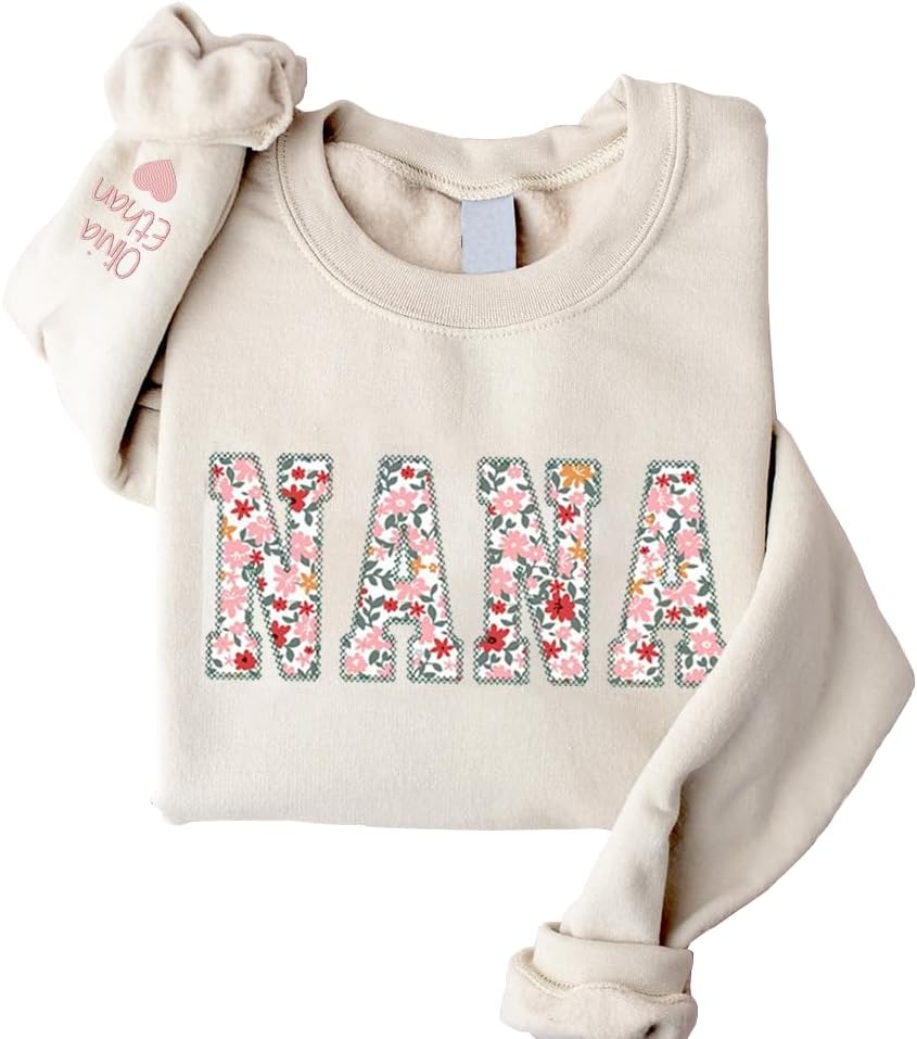 GODMERCH Nana Embroidered Floral Applique Sweatshirt, Personalized Nana Sweatshirt for Women, Custom Nana Sweatshirt With Kids Name, Nana Embroidered Sweater, Nana Gifts For Grandma, Grandma Gifts