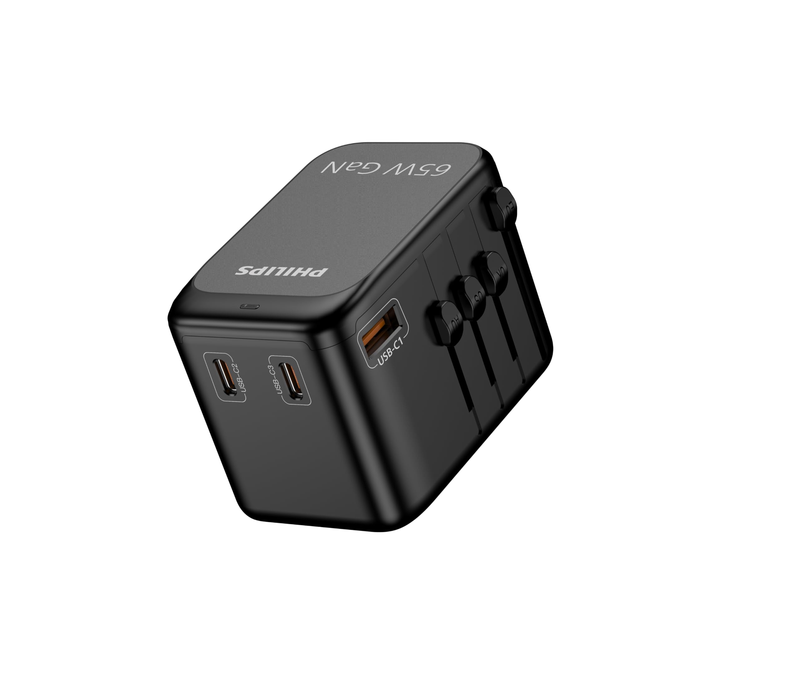 Philips CHP9000BK 65 W GaN międzynarodowa ładowarka podróżna, 3 porty USB-C i 1 USB-A, szybkie ładowanie PD/QC, uniwersalny adapter wtyczki (USA/UK/EU/AUS), czarna