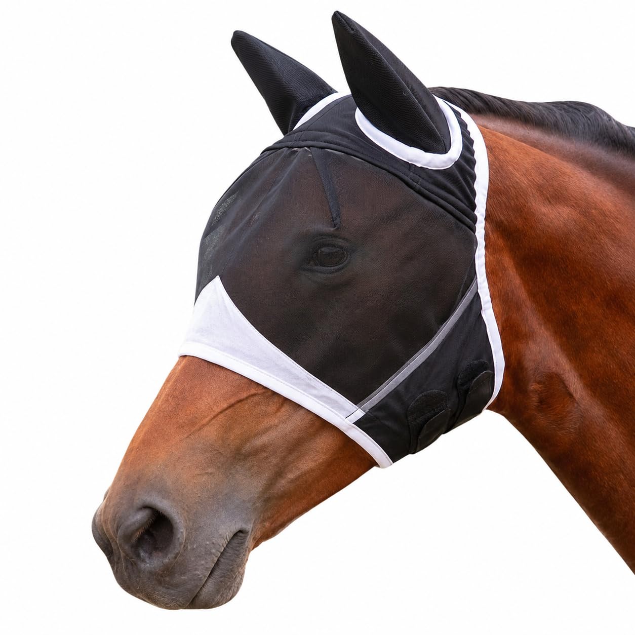 XQMMGO Horse Fly Mask with Ears, Breathable Fine Mesh Equine Fly Veil with UV Protection, Anti-Rub Stretchy Face Cover with Generous Eye Clearance & Secure Fastening for Turnout & Pasture (S)