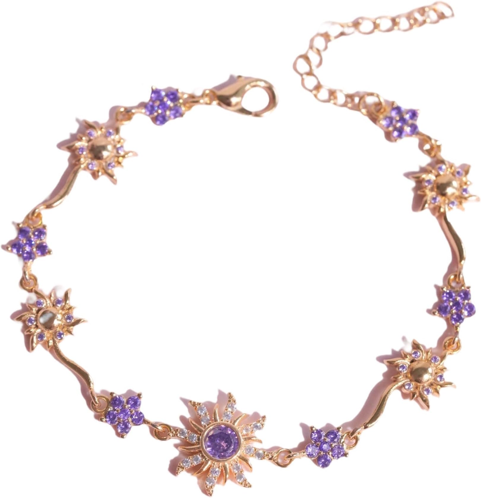 ASIK ACCESSORIES-TANGLED SUN bracelet-Lost Princess-Cosplay Jewelry-Sun Bracelet-Gold Plated-Sun Link Bracelet for Women, Dainty Sparkly Colorful Crystal Rhinestone Flower Floral Adjustable Chain Bracelets Prom Wedding Accessories Fashion Jewelry Gift