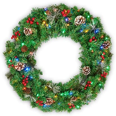 SA Products Large Christmas Wreath - Artificial Christmas Door Decorations with 80 Multicolour LED Lights, Red Berries, Pine Cones & Needles - Battery Operated Christmas Door Wreaths - 60x60x12cm
