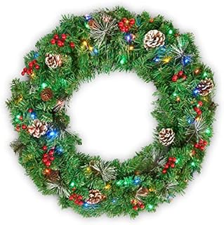 SA Products Large Christmas Wreath - Artificial Christmas Door Decorations with 80 Multicolour LED Lights, Red Berries, Pine Cones & Needles - Battery Operated Christmas Door Wreaths - 60x60x12cm