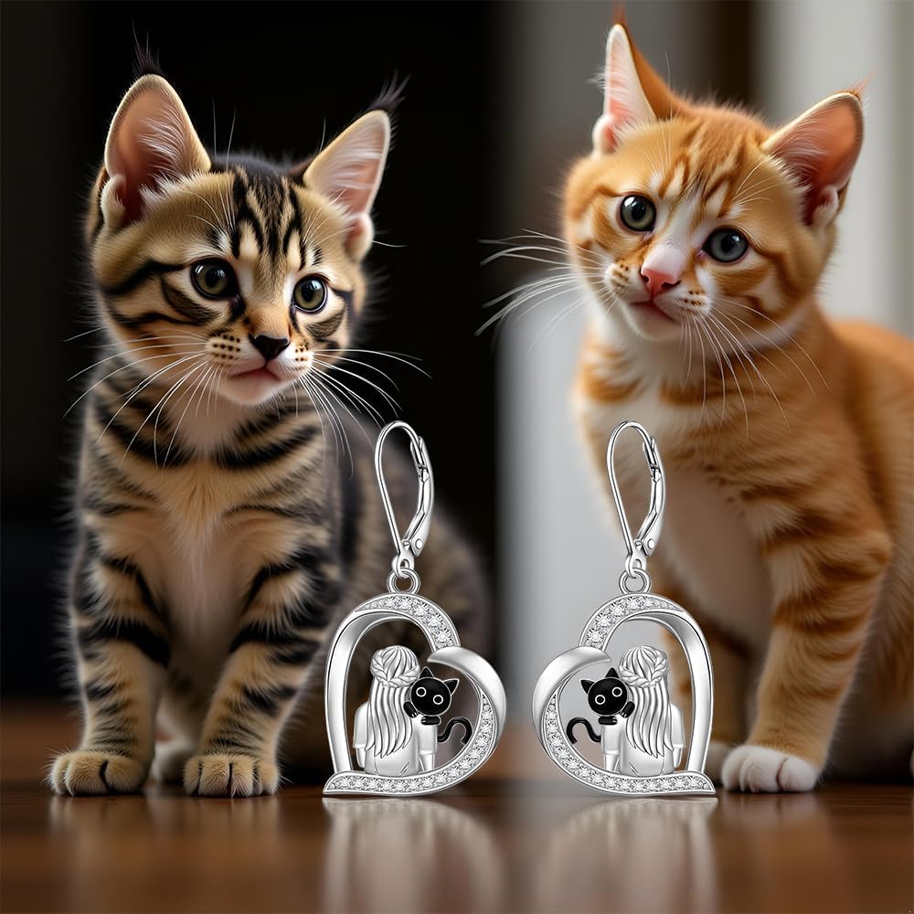 Black Cat Earrings for Women Sterling Silver Cat Earrings Heart Leverback Dangle Drop Halloween Jewelry Gifts for Lovers - Image 9